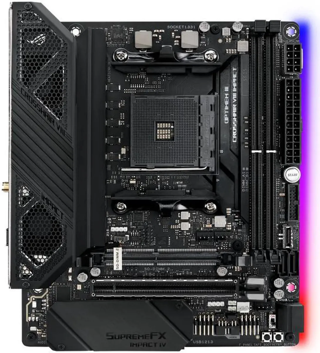 Compact Mini-ITX motherboard with black PCB and silver heatsinks
