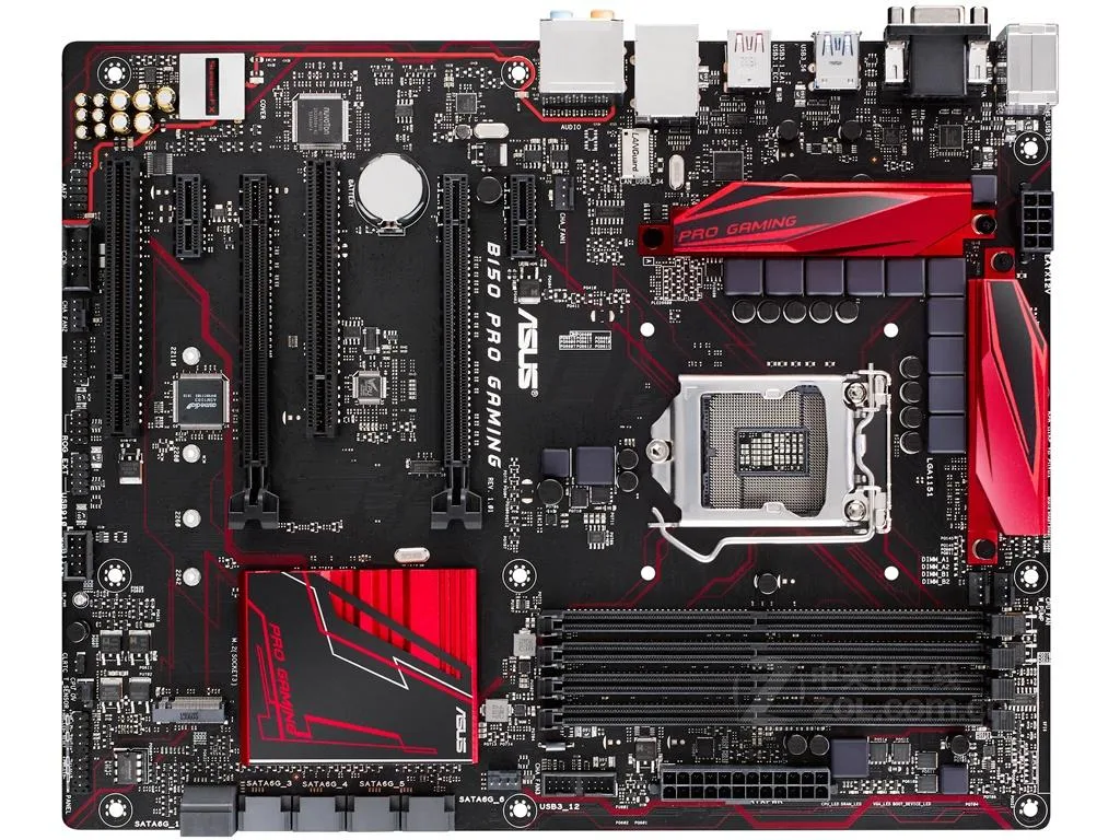 ATX motherboard with black PCB and silver heatsinks