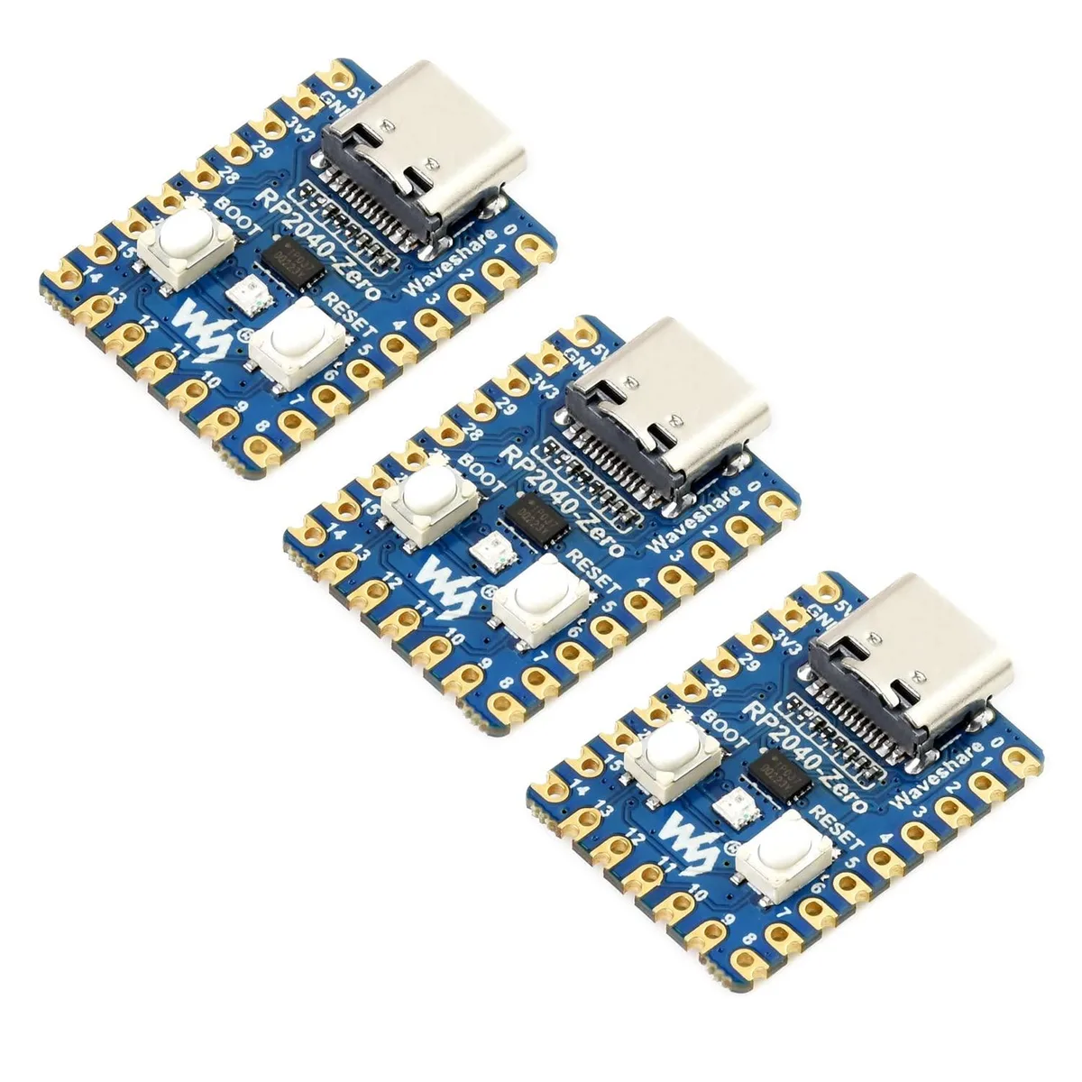 Three small green circuit boards with USB-C ports and castellated edges