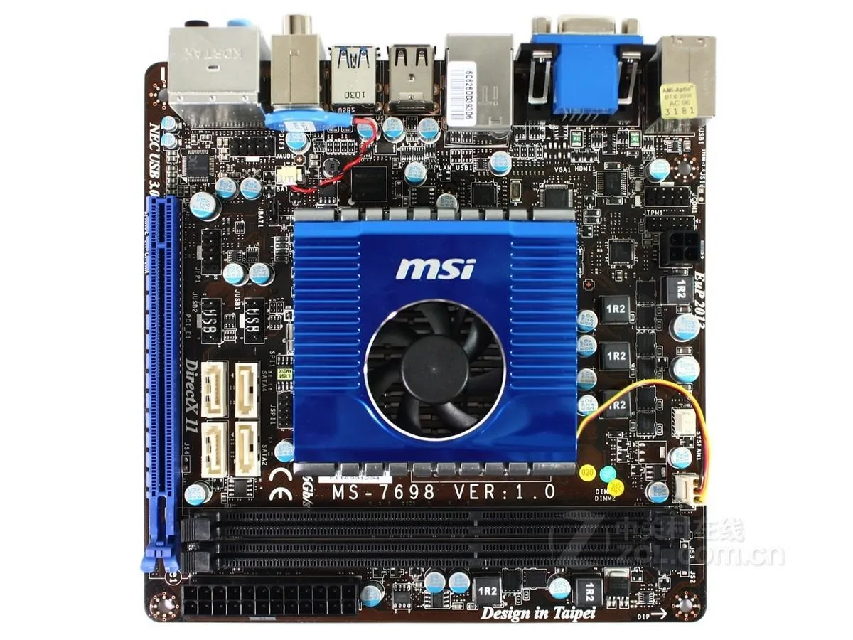MSI E350IA-E45 Mini-ITX motherboard, dark PCB with silver sockets and blue SATA ports, rear I/O shield included