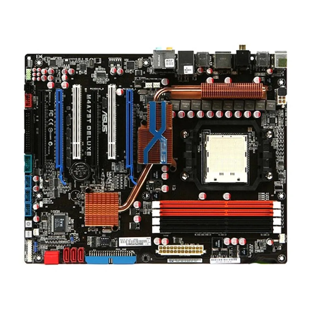 ATX motherboard with black PCB and silver heatsinks