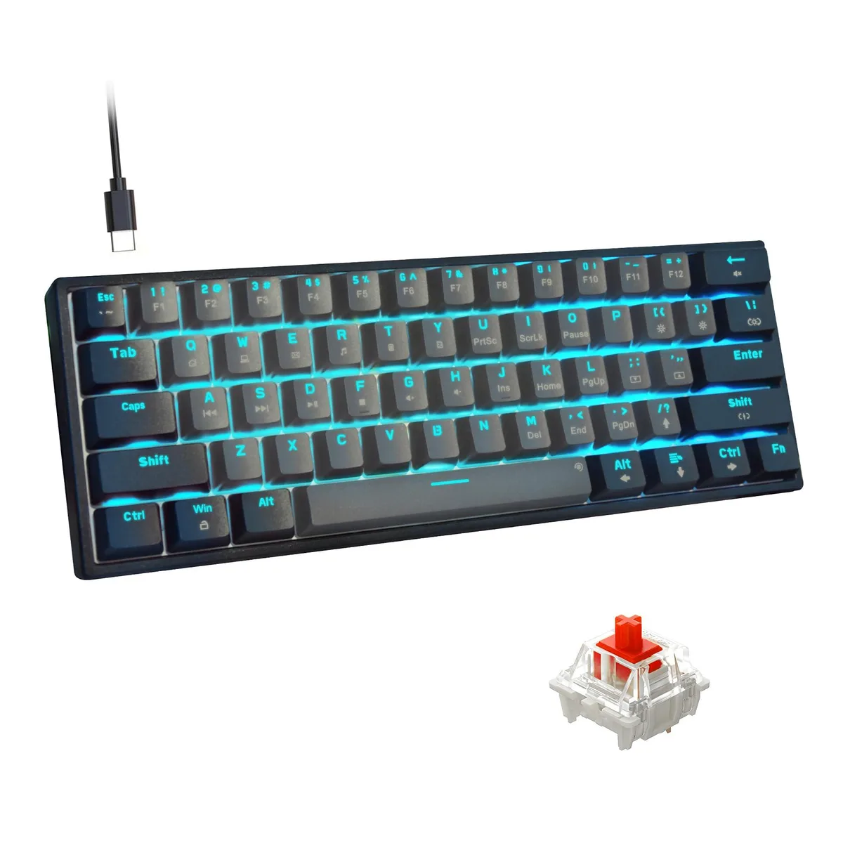 Compact 60 percent mechanical keyboard in black-grey with ice blue backlighting and detachable USB-C cable