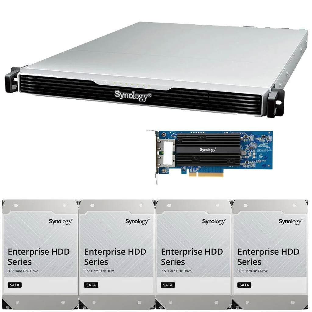Silver 1U rackmount NAS front with four drive bays and status LEDs