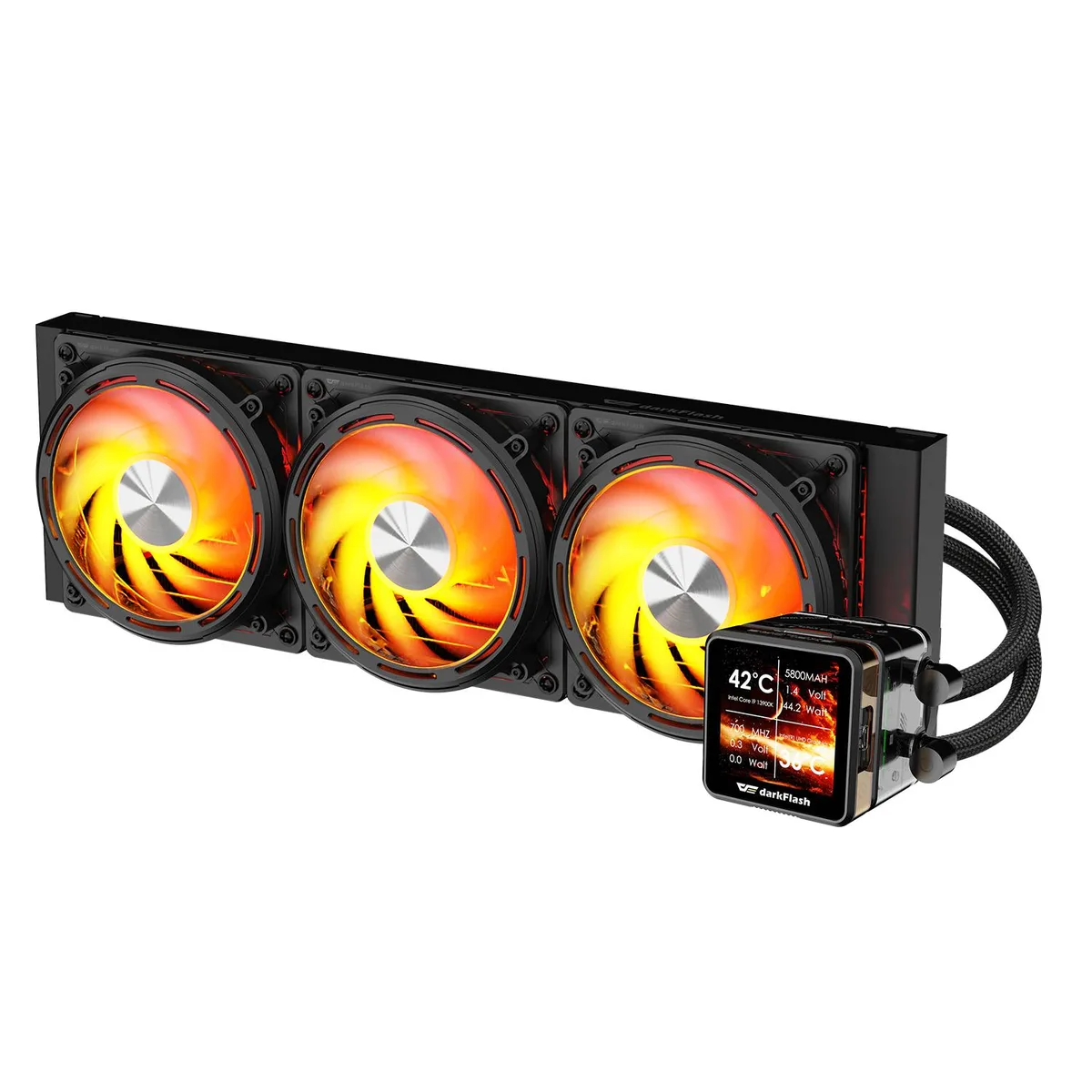 Black AIO liquid cooler with 360mm radiator, square copper water block featuring 2.88 inch IPS LCD screen, three 120mm ARGB fans