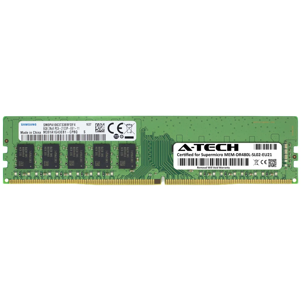 Green circuit board with black memory chips and gold edge connectors