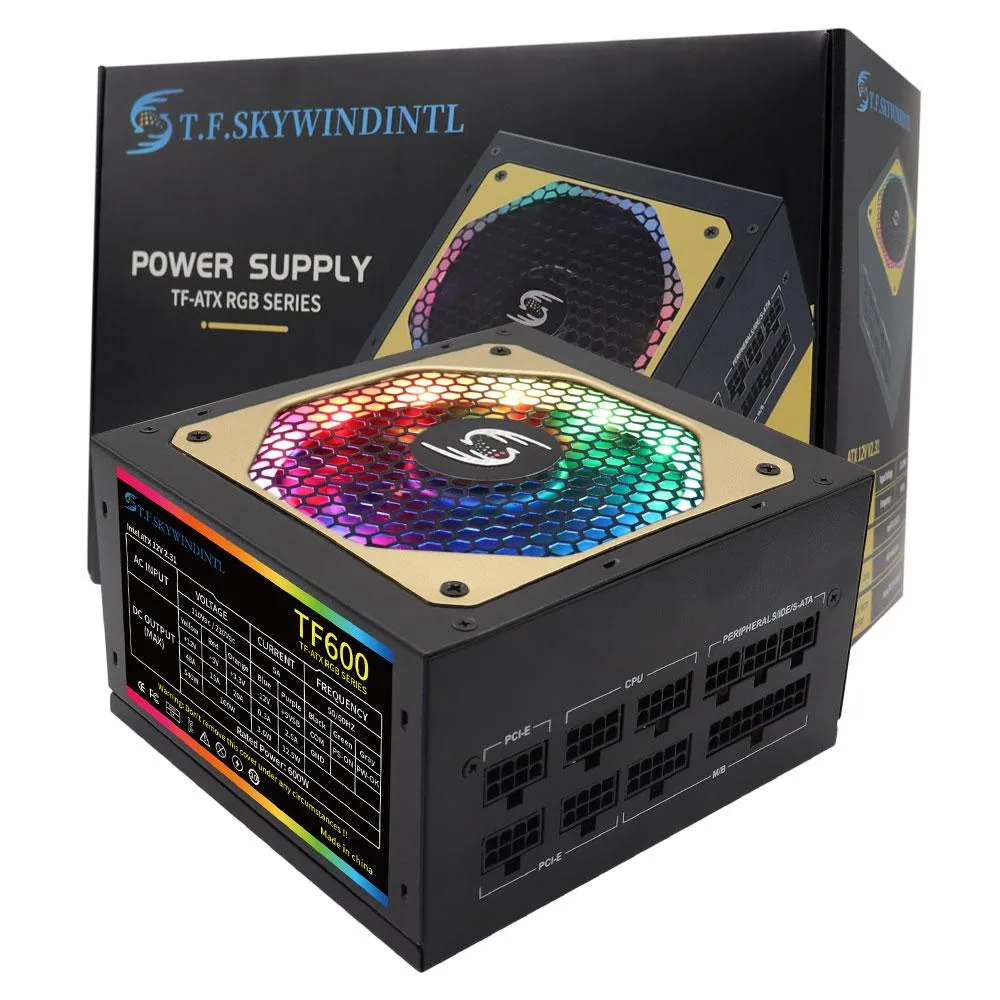 Black ATX power supply with RGB fan and modular cables