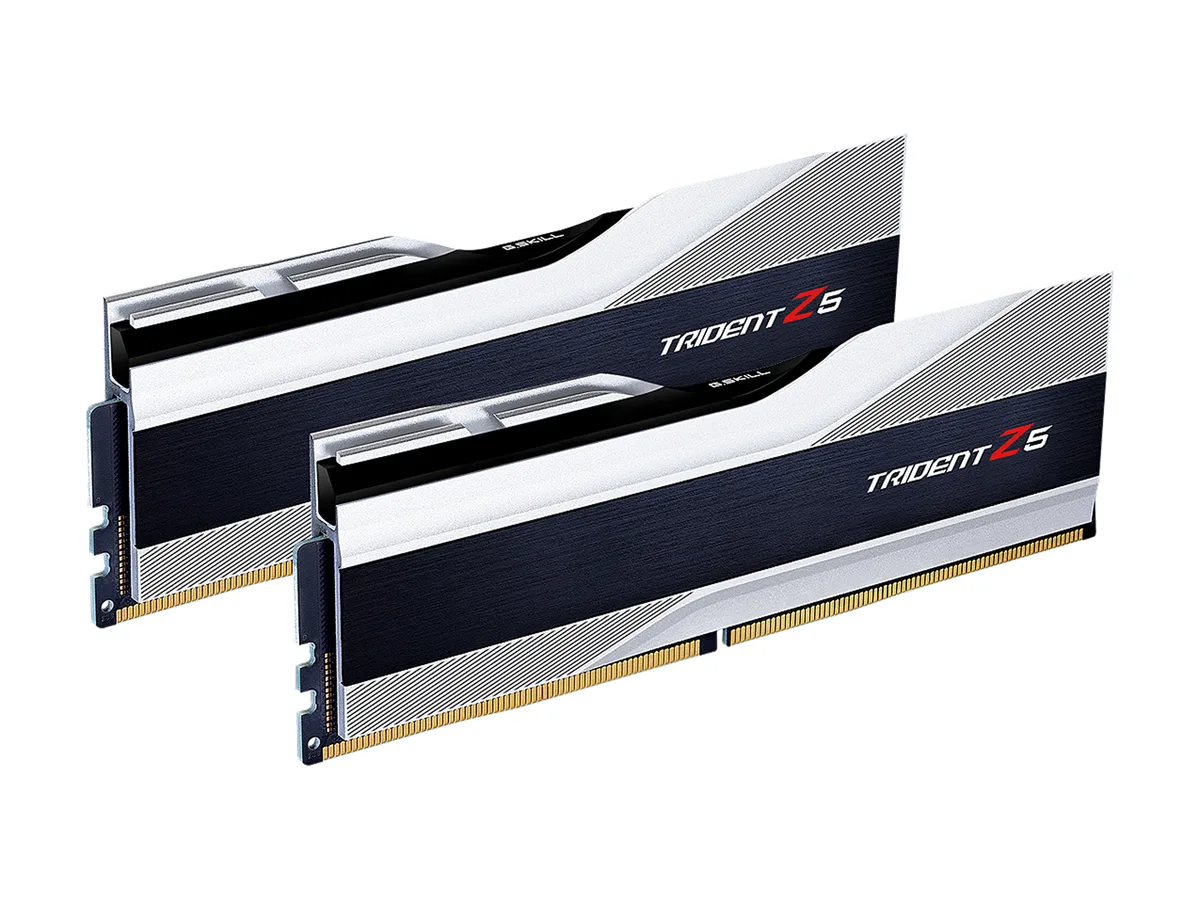 Two silver desktop DDR5 modules with black brushed aluminium strip heatspreaders