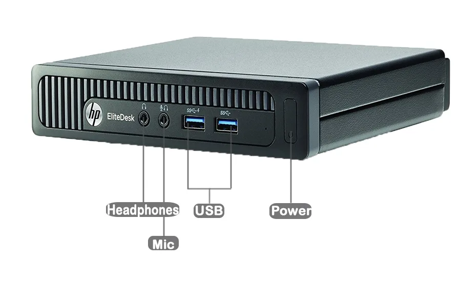 Small black HP 800 G1 Mini desktop unit, compact cube shape, matte finish, front USB ports and headset jack visible