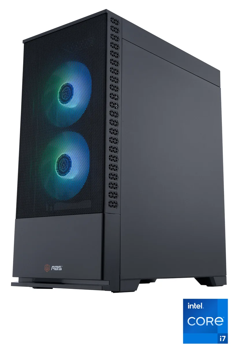Black micro-tower gaming desktop with RGB memory visible through side panel