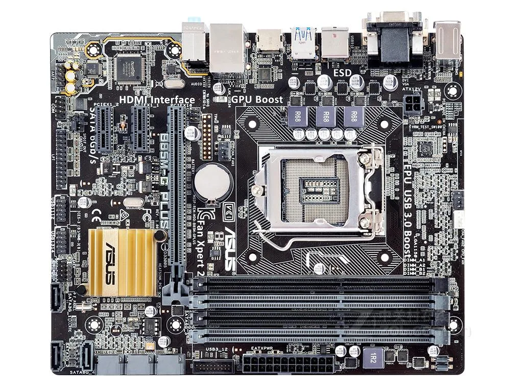 Micro ATX board in dark PCB finish, LGA 1150 socket, four DDR3 slots, multiple PCIe and SATA connectors, rear I/O shield included