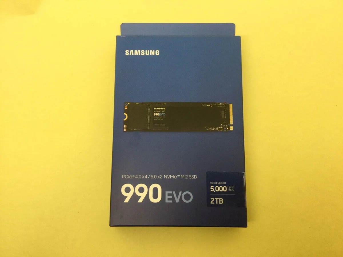 Samsung 990 EVO 2TB NVMe M.2 2280 internal SSD, green circuit board with black controller and silver label