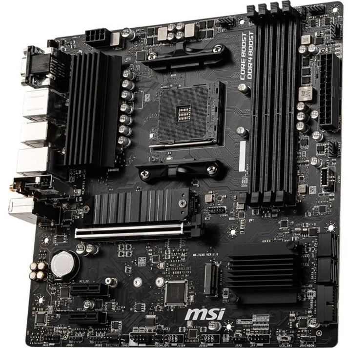 Green rectangular Micro-ATX motherboard with black heatsinks, four RAM slots, white PCIe slot