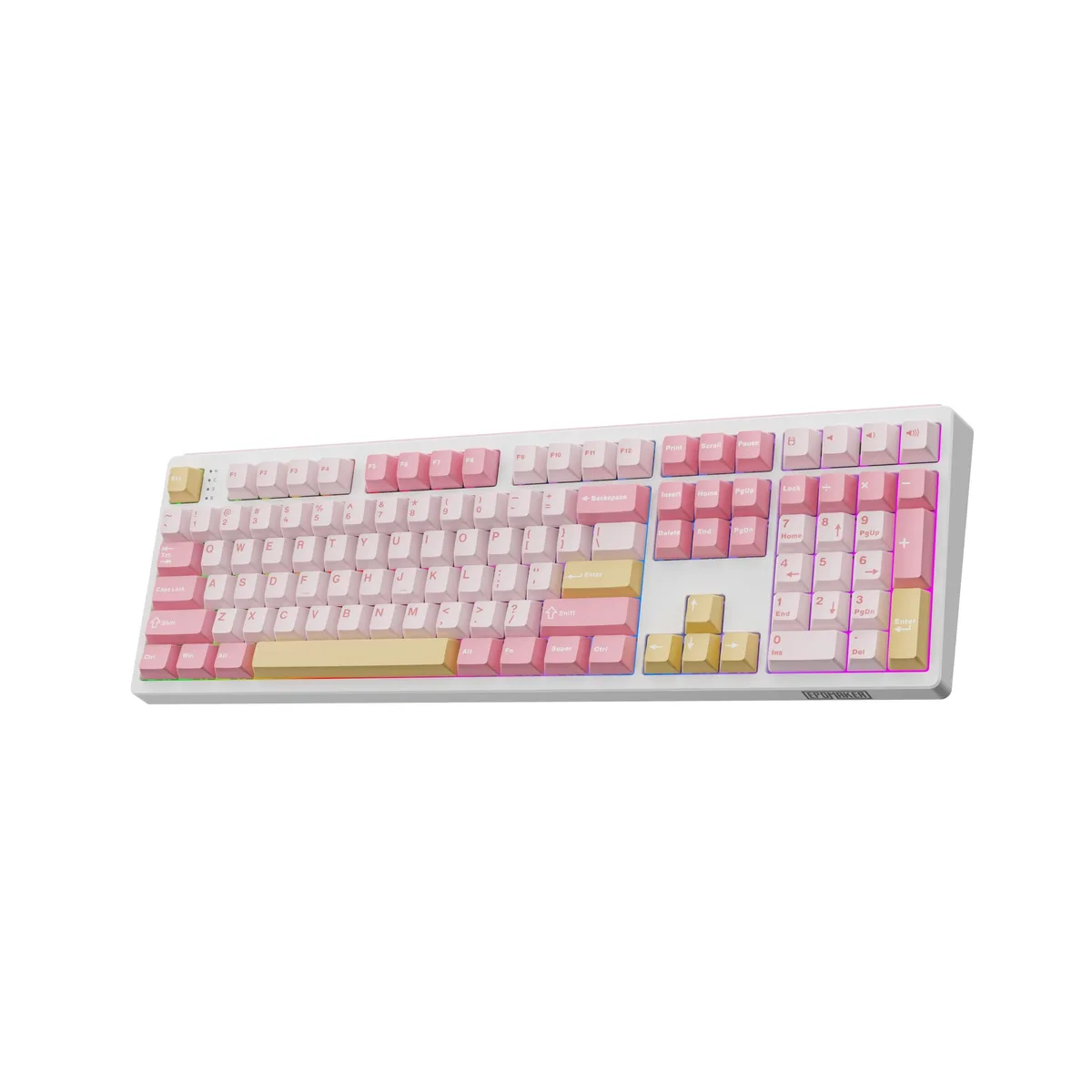 Pink full-size mechanical keyboard with 108 keys and RGB backlighting