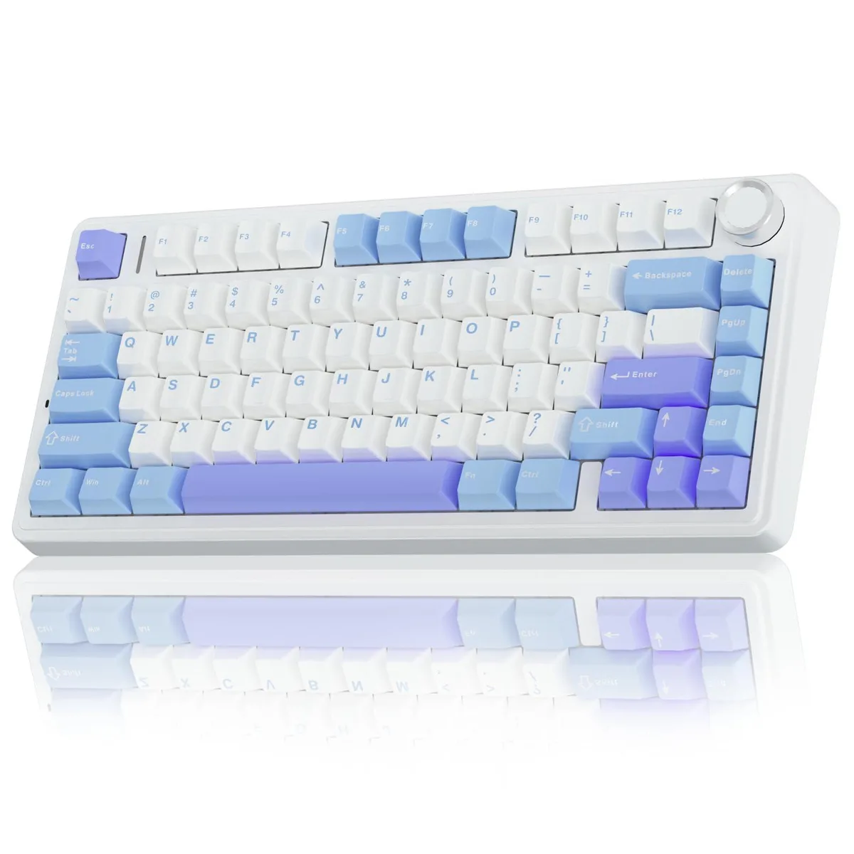 White, blue and purple 75% wireless mechanical keyboard with 81 keys, compact rectangular shape and RGB backlighting