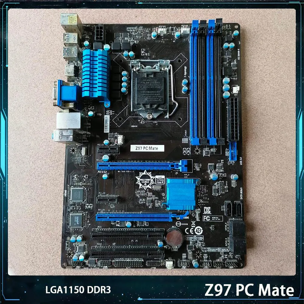 ATX motherboard, black PCB with silver heatsinks, LGA1150 socket, four DDR3 slots