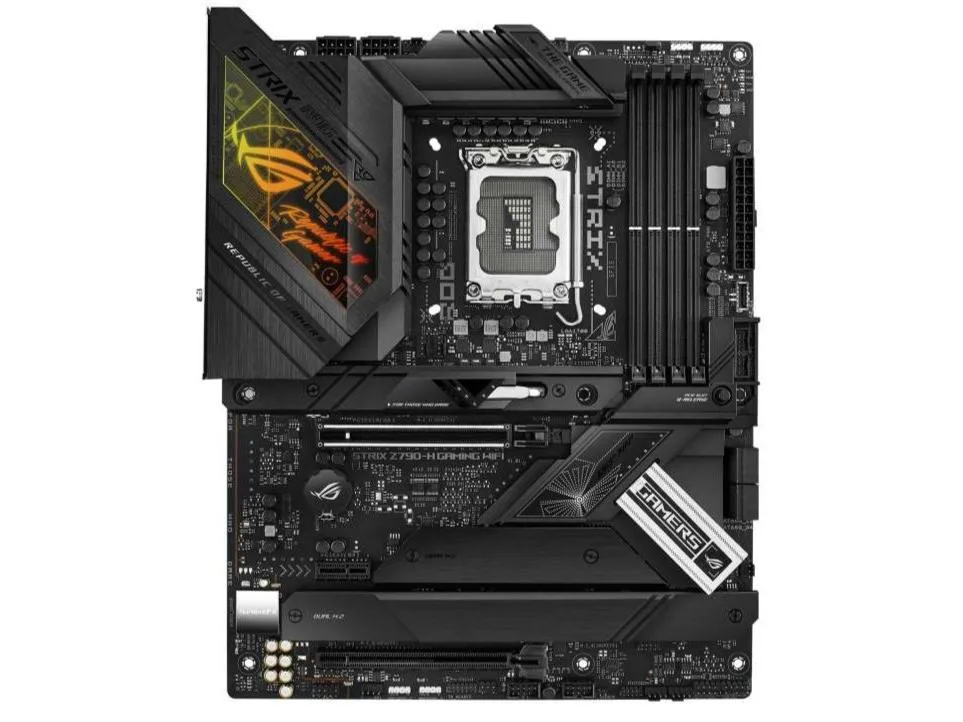 ATX motherboard with black heatsinks and silver accents