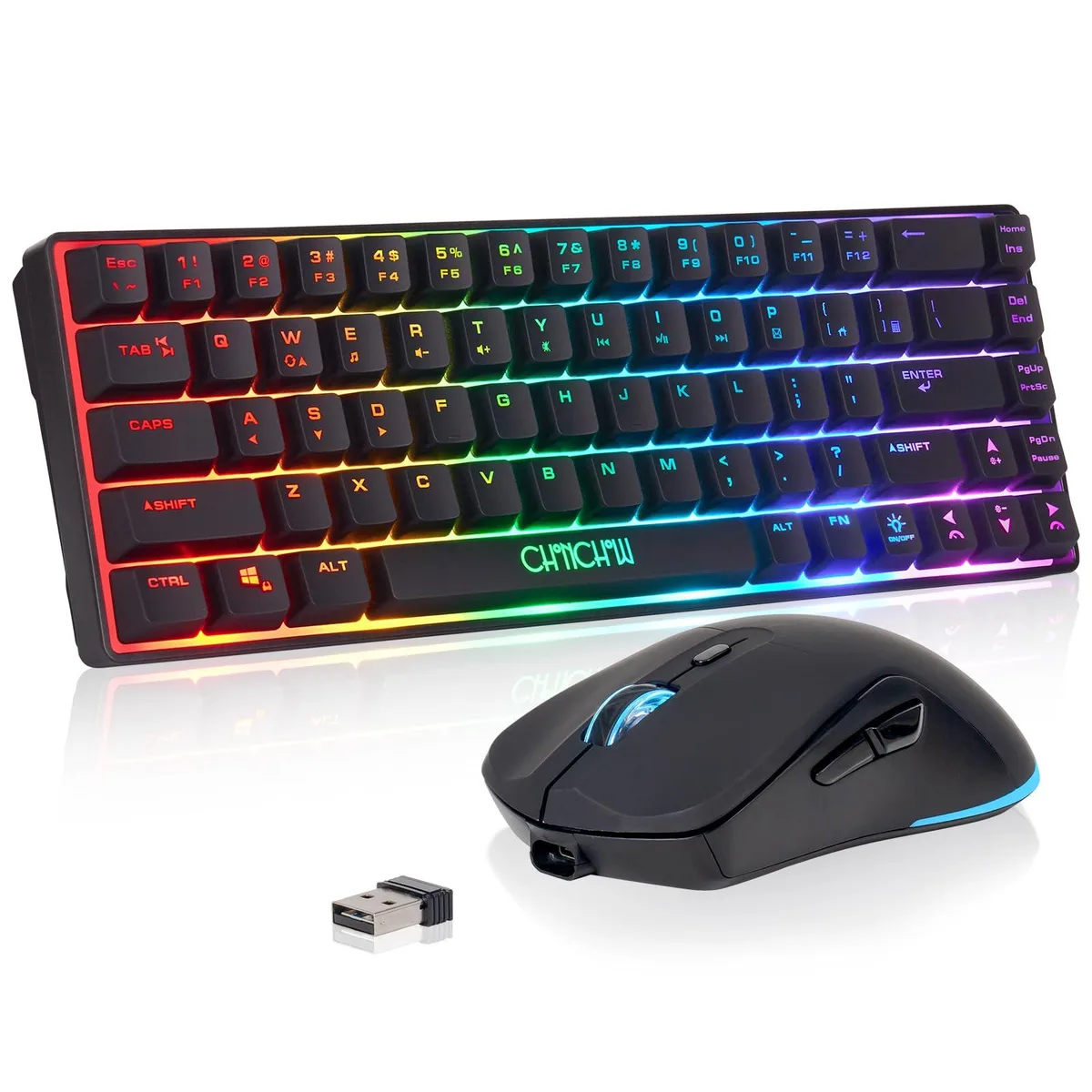 Black 60% wireless keyboard and mouse combo with RGB backlighting