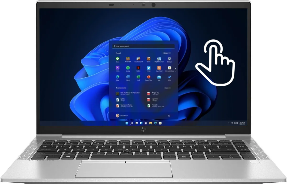Silver 14 inch touchscreen laptop with thin bezels and backlit keyboard