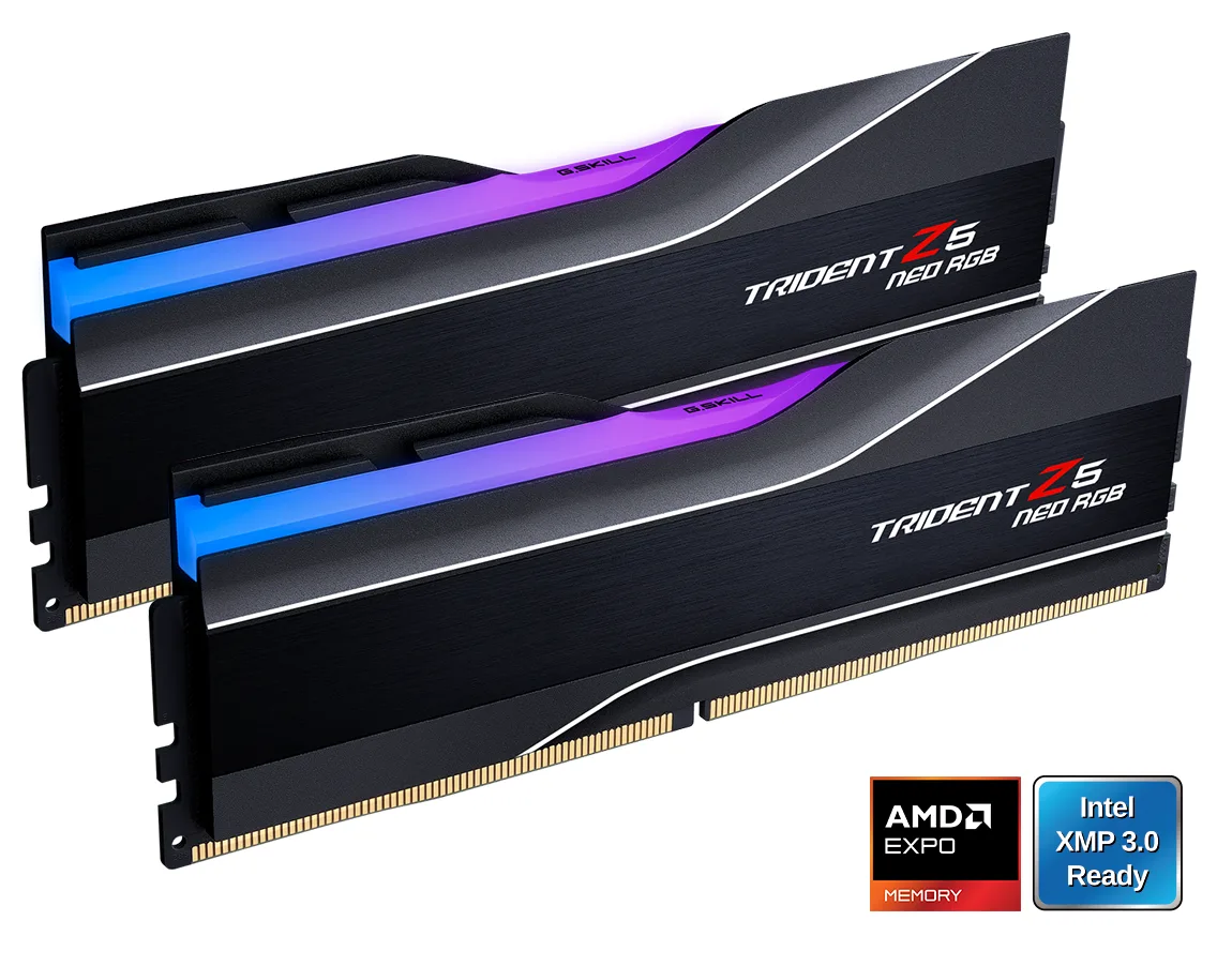 Two black DDR5 modules with brushed aluminium heat spreaders and RGB light bars
