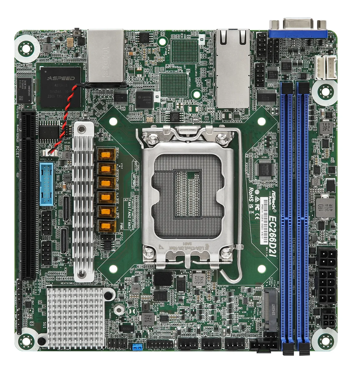 Green Mini-ITX server board with silver sockets and dual LAN ports