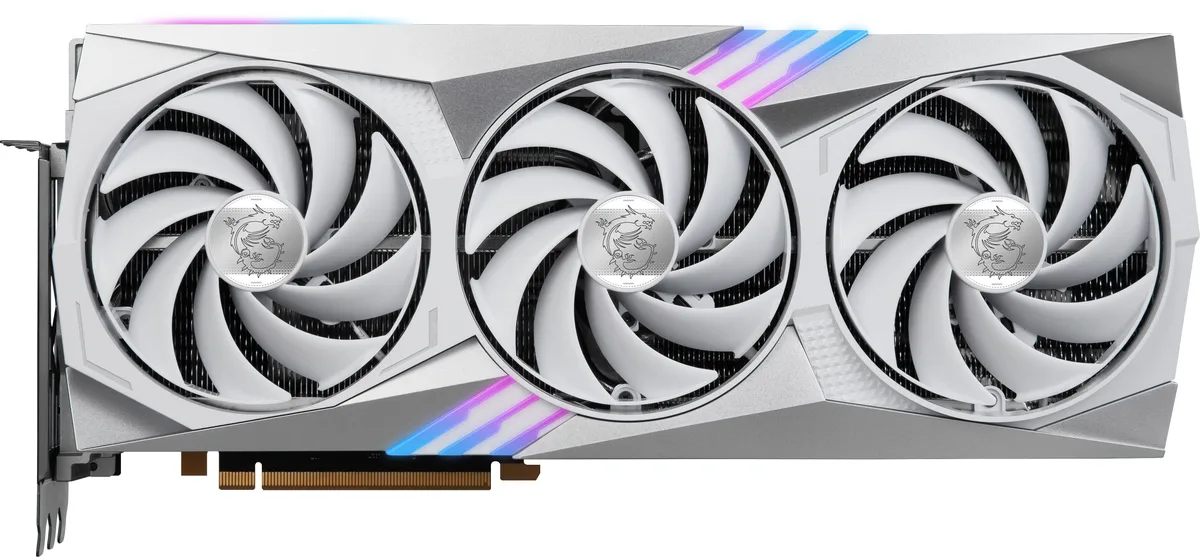 White triple-fan graphics card with silver accents, full-length ATX form factor