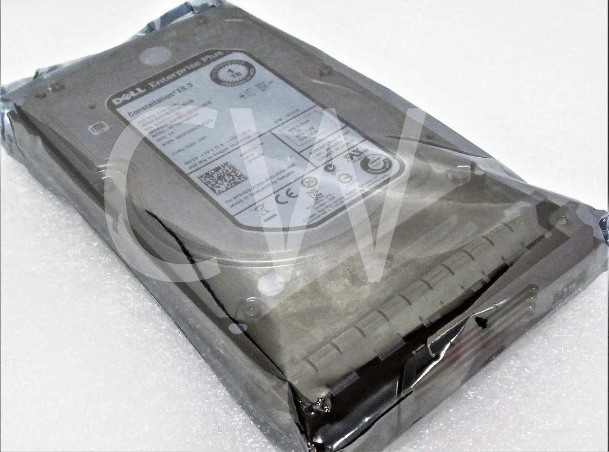 A silver 3.5 inch SAS hard drive mounted in a black Dell EqualLogic caddy tray