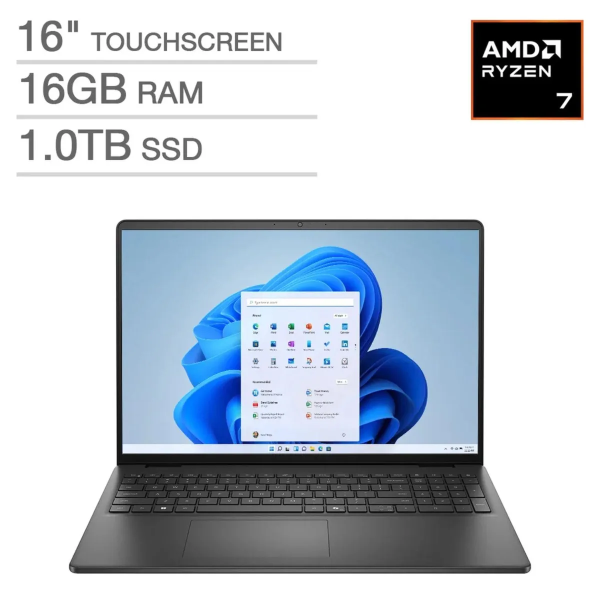 Black 16-inch Dell laptop with touchscreen display
