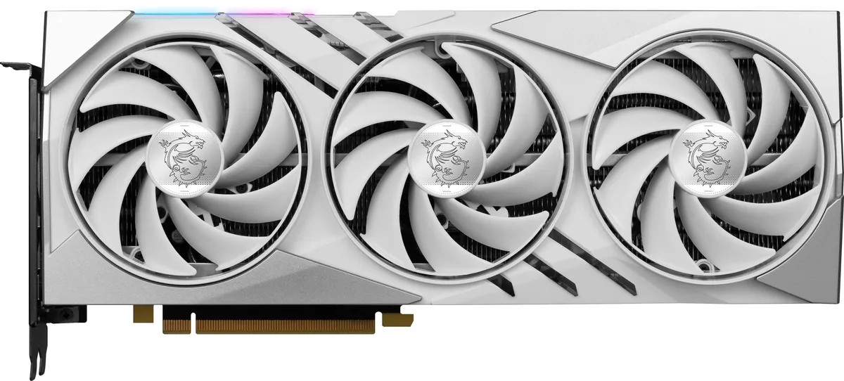 White triple-fan graphics card with silver accents, compact ATX form factor