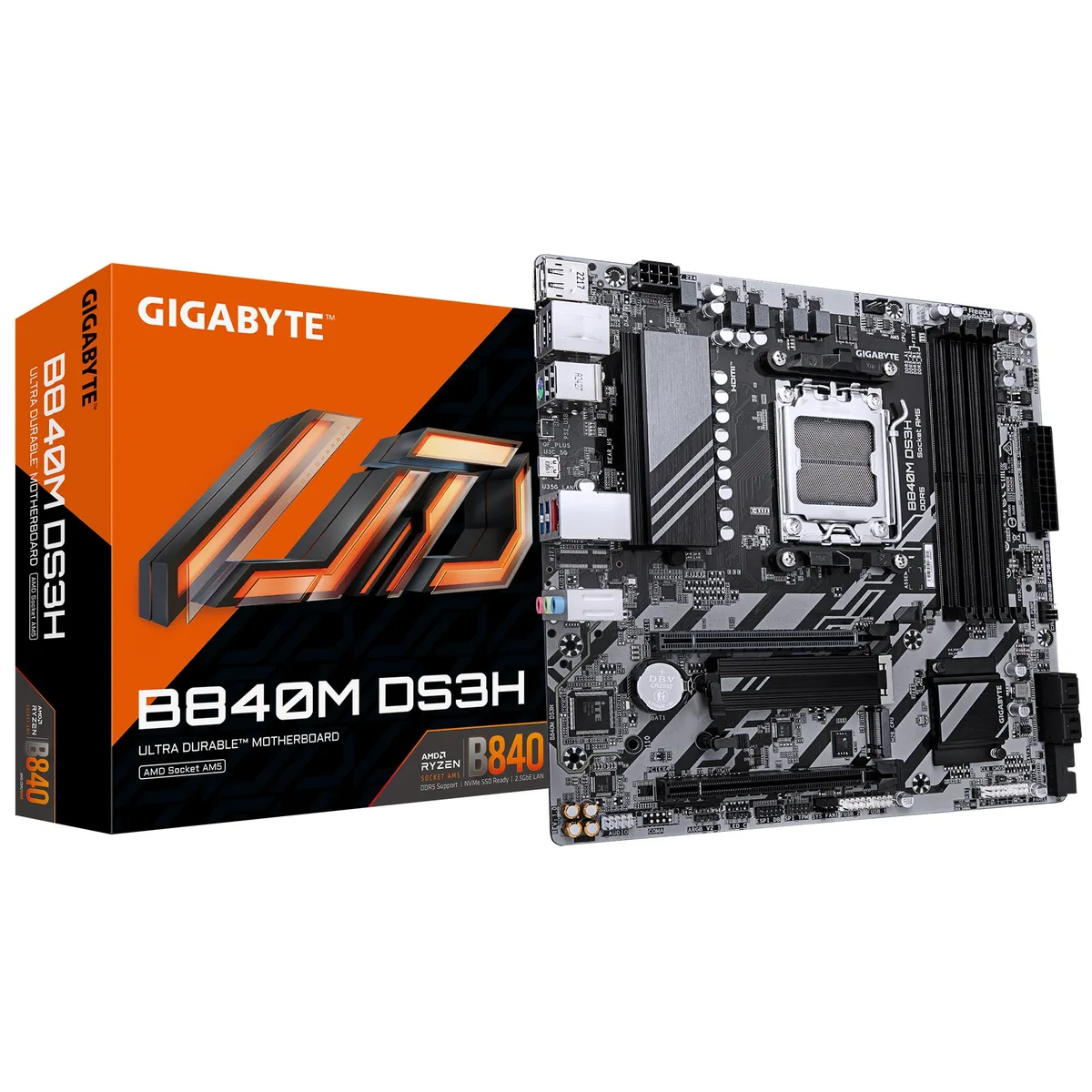 Green micro-ATX board, silver heatsinks, black slots, rear I/O shield