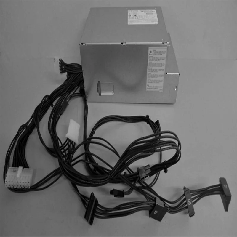Rectangular black ATX power supply unit with fan grille and cable bundle