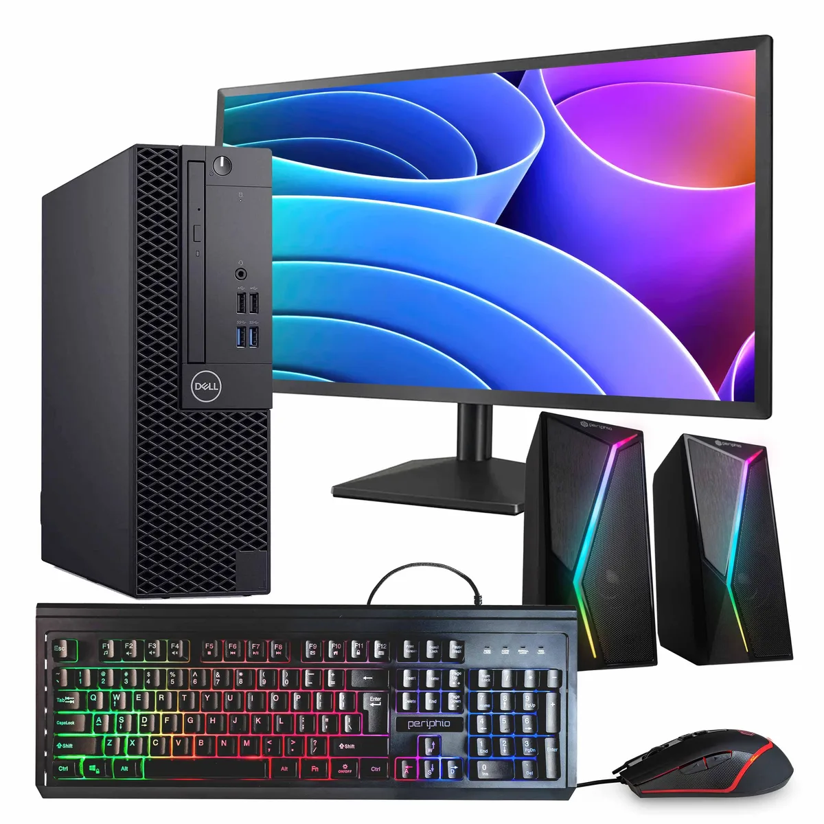 Black Dell OptiPlex 3060 desktop tower with 24 inch monitor