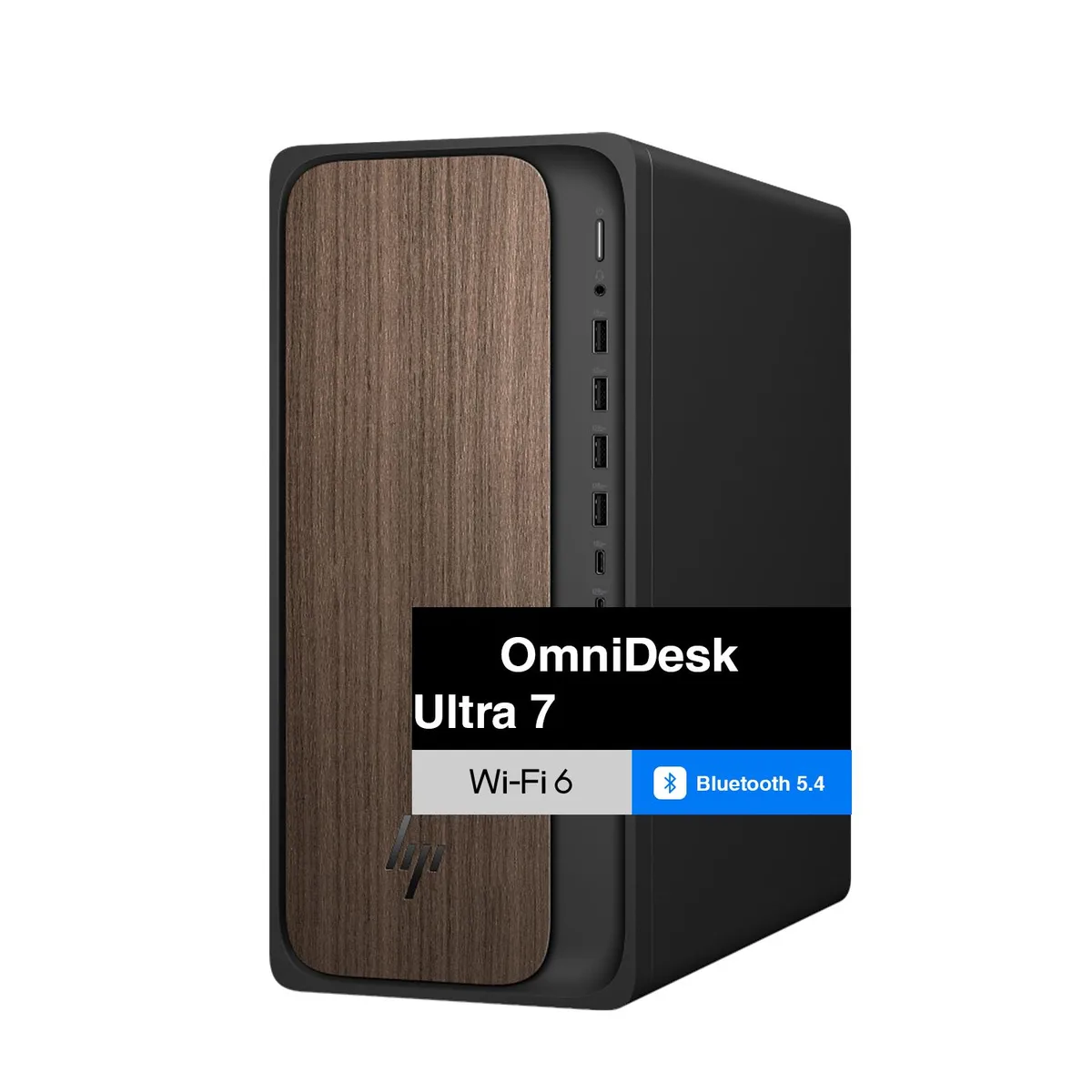 HP OmniDesk mid-tower desktop in dark wood finish