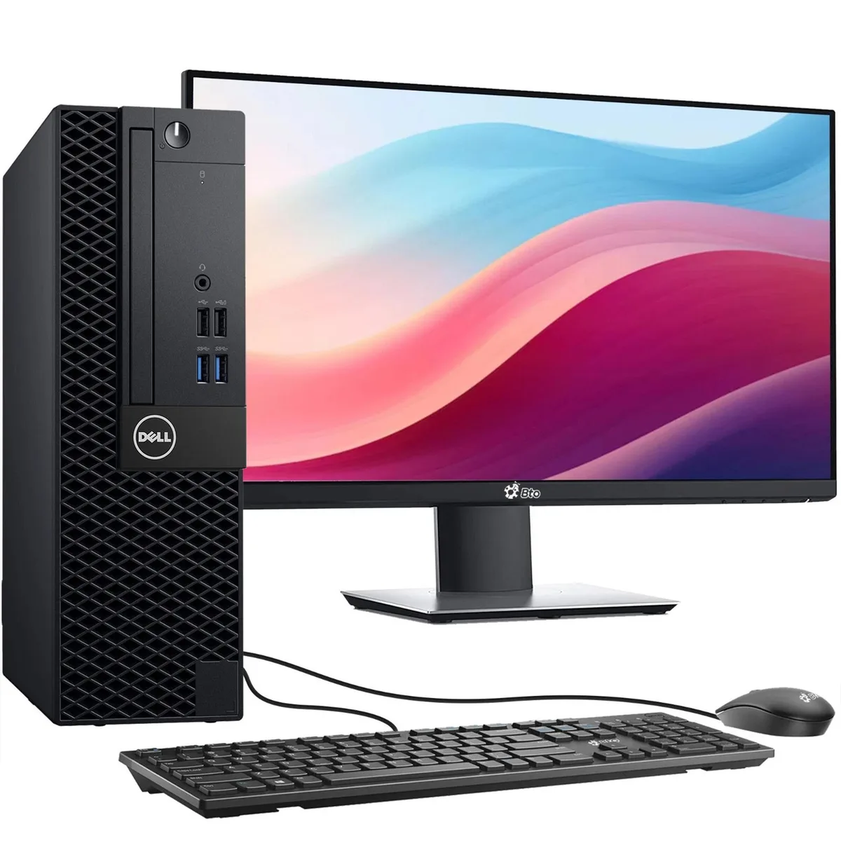 Small Dell OptiPlex tower and 24-inch monitor with keyboard and mouse