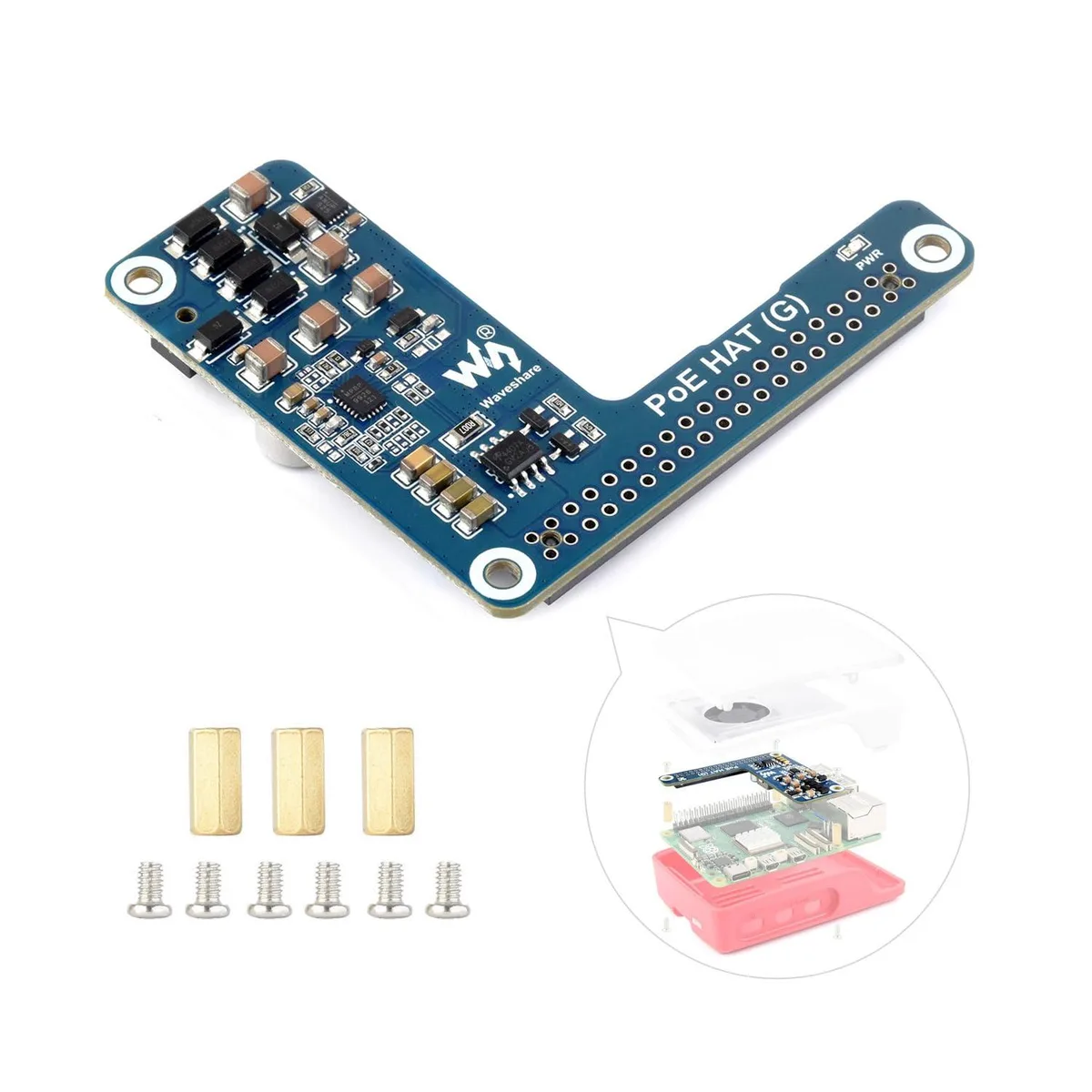 KEHIPI KEHIPI PoE HAT (G) development board, Raspberry Pi 5, 5V 5A, IEEE 802.3af/at, 40-pin GPIO — produktfoto