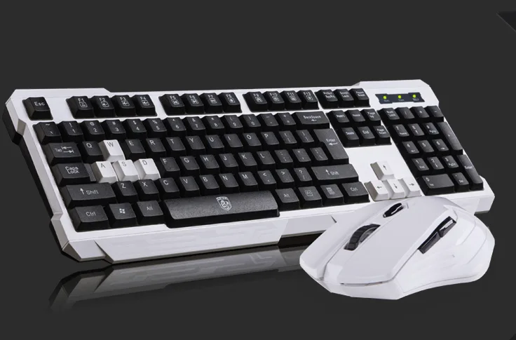 Black and white wireless keyboard with integrated palm rest and matching right-handed mouse