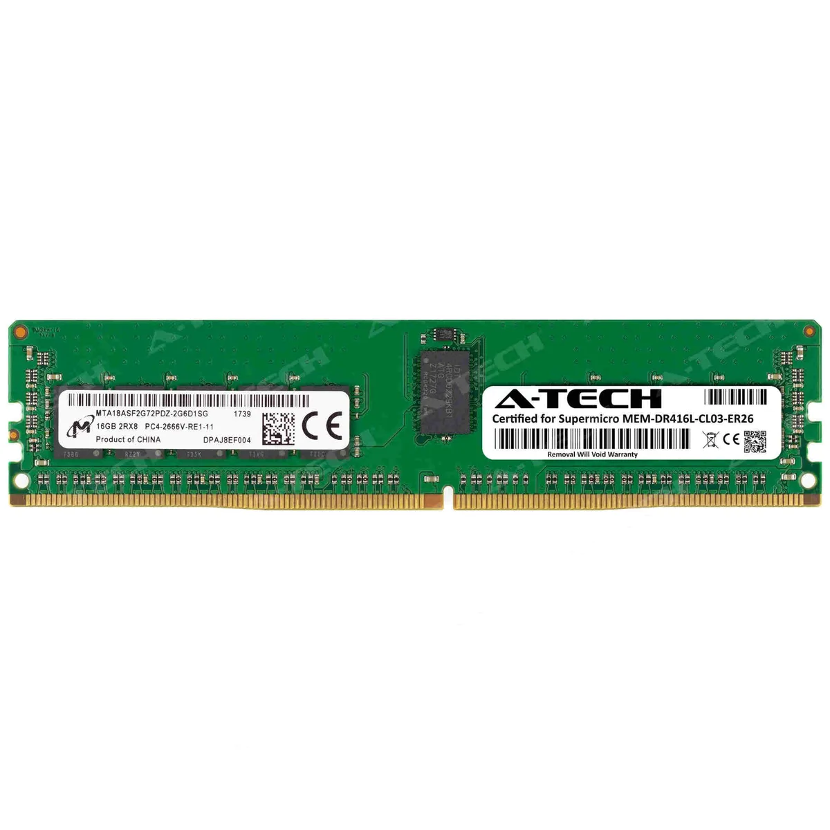 Green rectangular circuit board with gold edge connectors and black memory chips