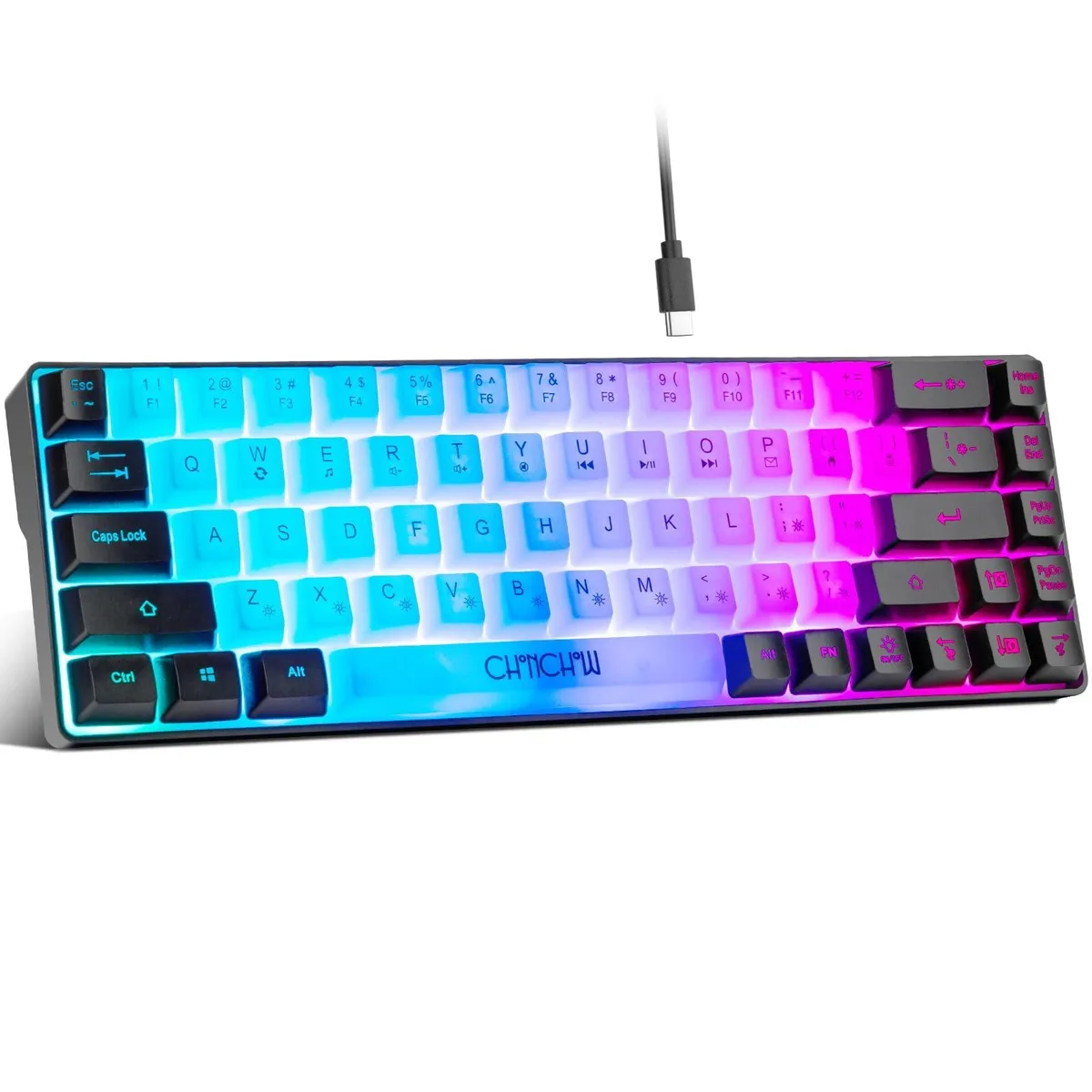White-black compact 68-key gaming keyboard with RGB backlighting and detachable USB-C cable