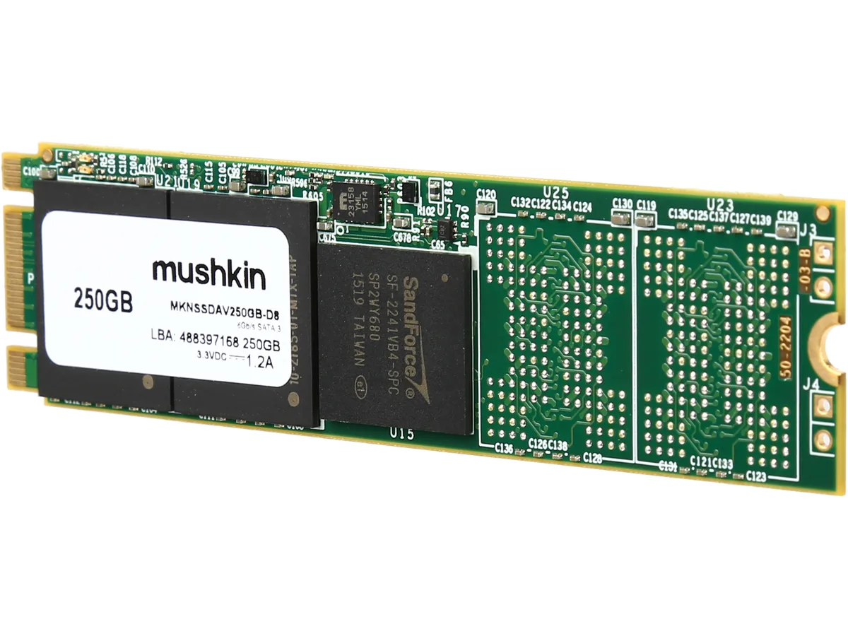 Green printed circuit board M.2 2280 SSD with black controller and silver label