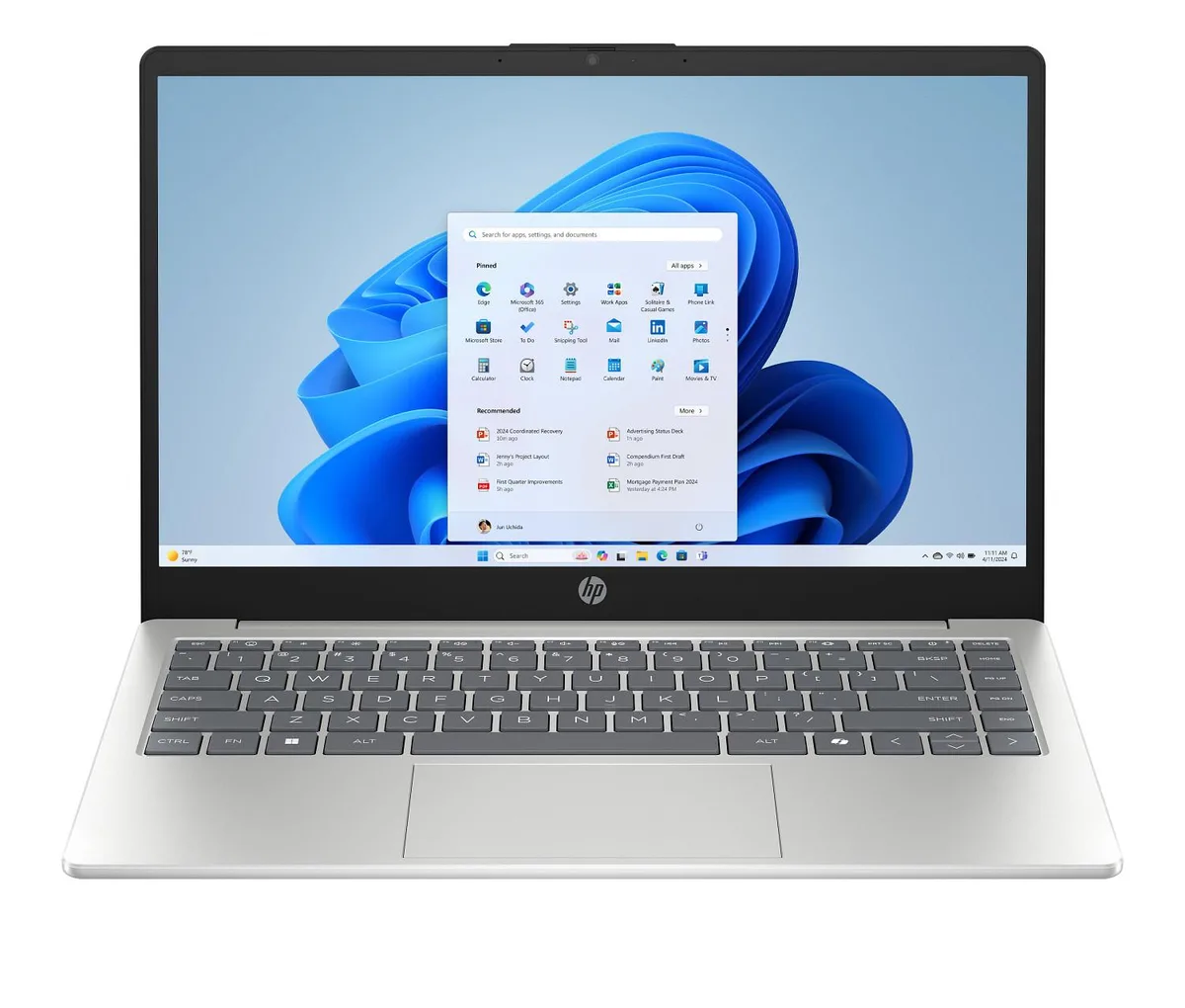 Silver 14-inch laptop with thin bezels and Copilot key