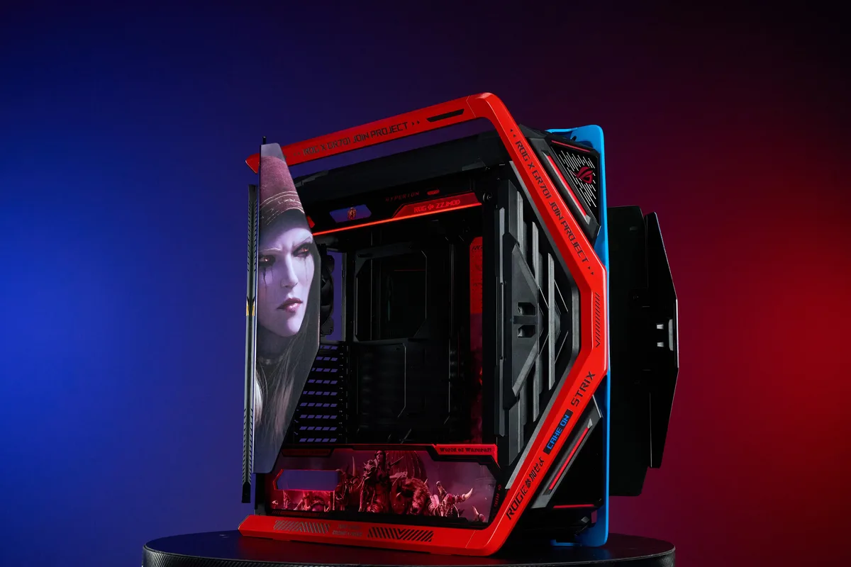 Full-tower E-ATX case in World of Warcraft red and blue with dual tempered glass panels