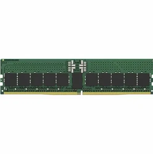 Green bare circuit board DDR5 RDIMM with black memory chips and gold edge connector