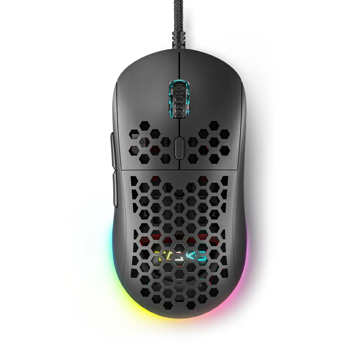 Black wired gaming mouse with honeycomb shell and RGB lighting