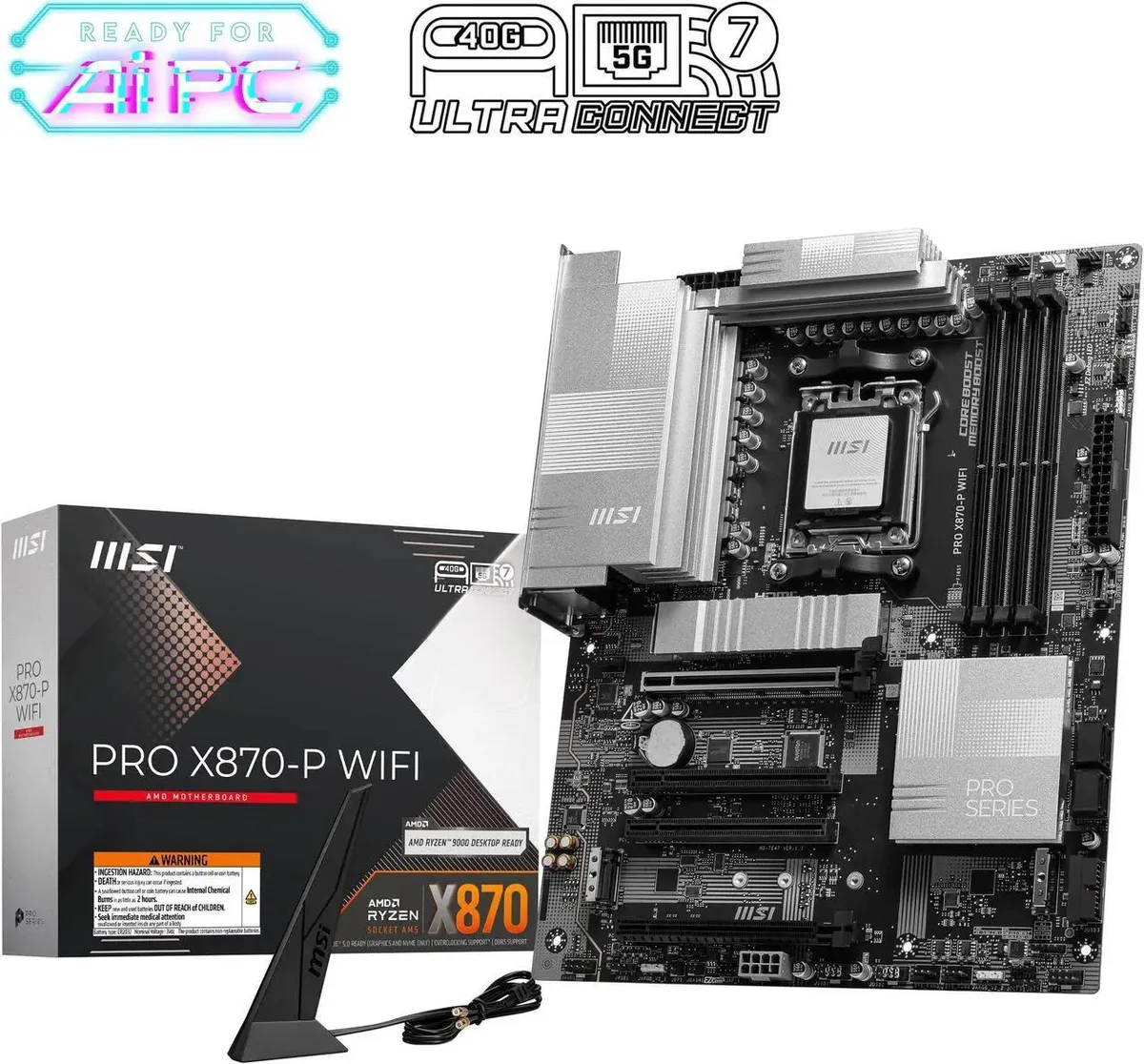 Rectangular ATX board, black PCB with silver heatsinks and grey I/O shield