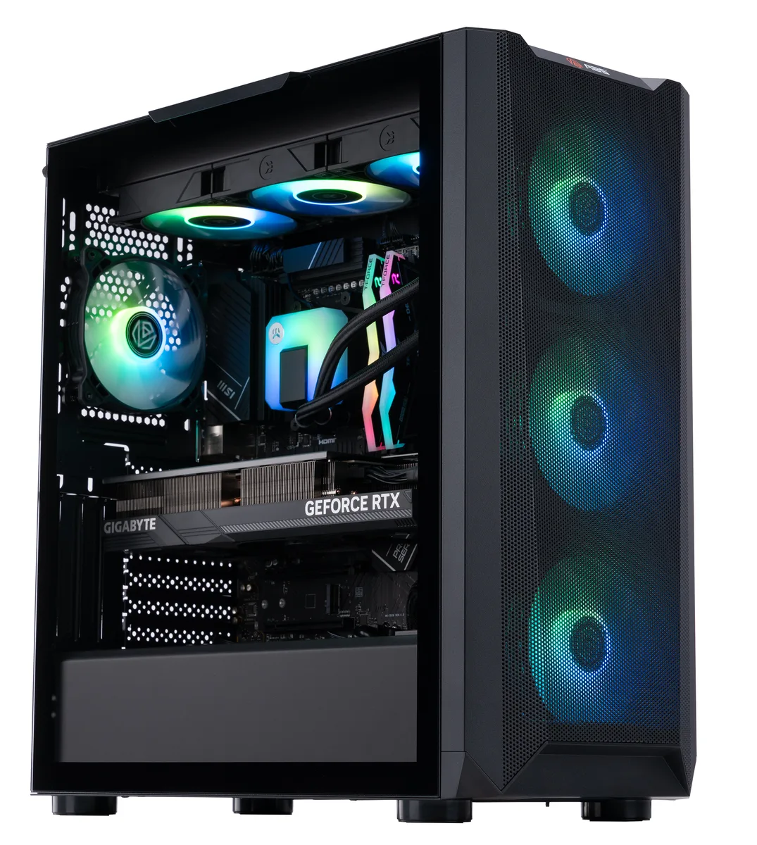 Black mid-tower gaming desktop with RGB liquid cooler visible through glass side panel