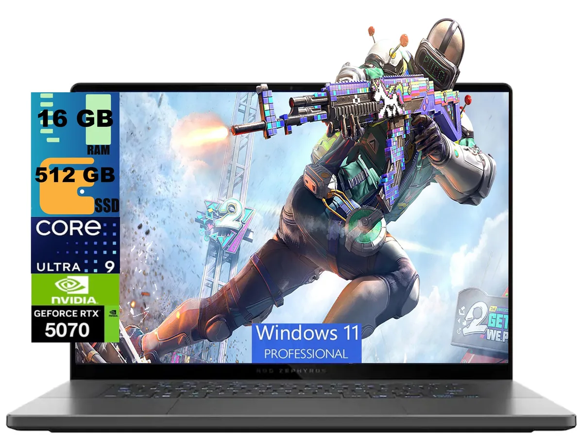 Grey ASUS ROG Zephyrus G16 laptop, slim 16-inch OLED display, RGB backlit keyboard