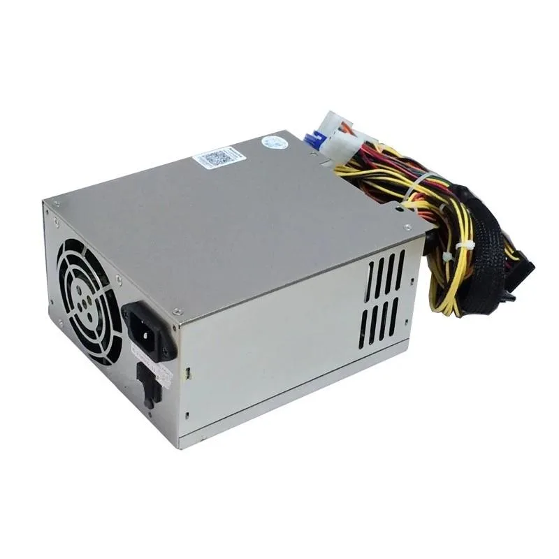 Rectangular ATX power supply unit with matte black metal casing and rear exhaust grille