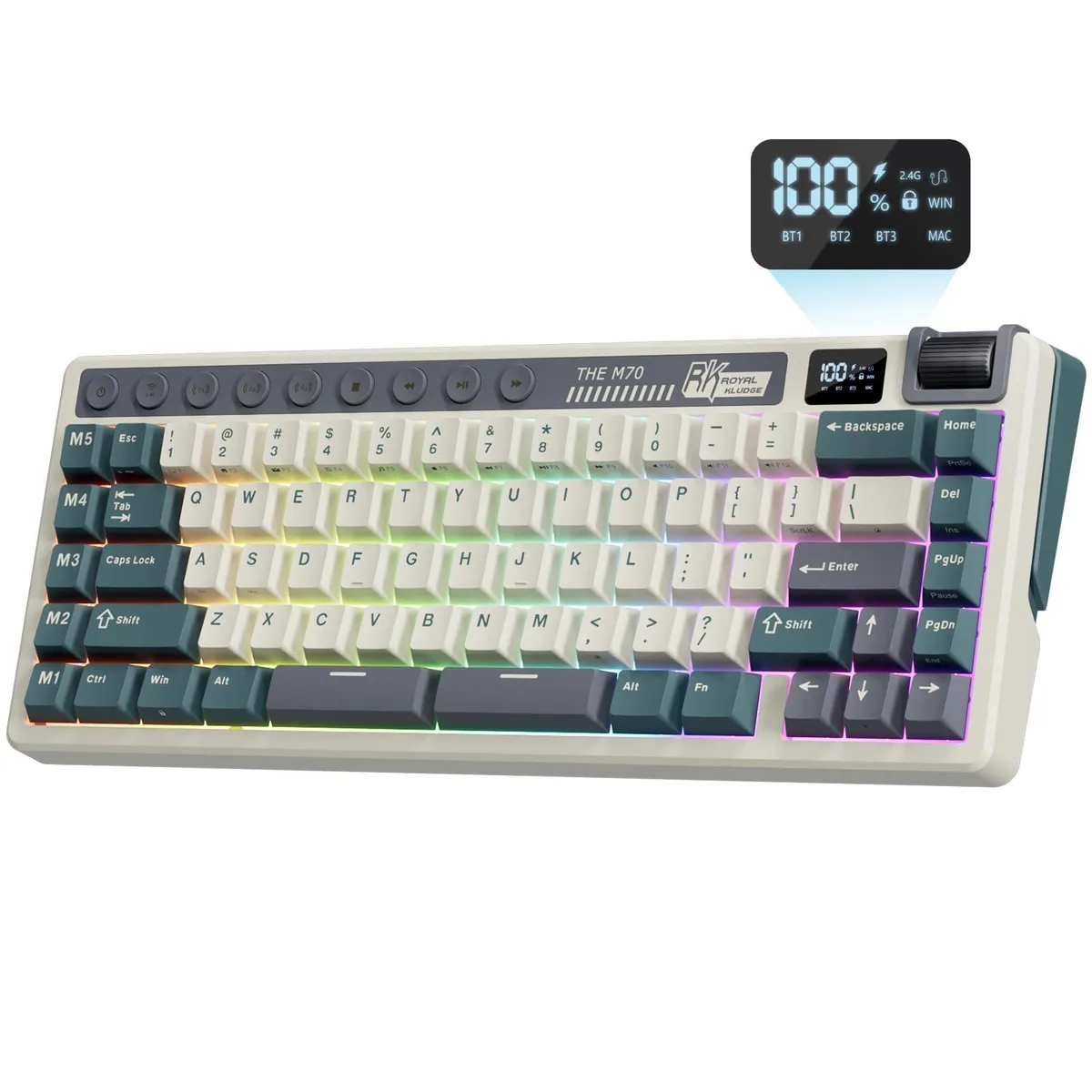 Compact 75% wireless keyboard in cyan purple with digital display and knob
