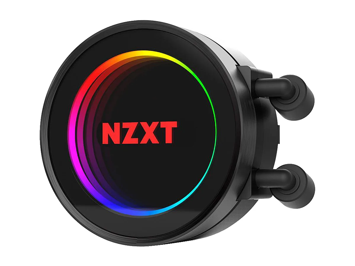 Black 280 mm AIO liquid cooler with square RGB infinity-mirror pump head, two 140 mm fans on a black radiator, and sleeved tubing