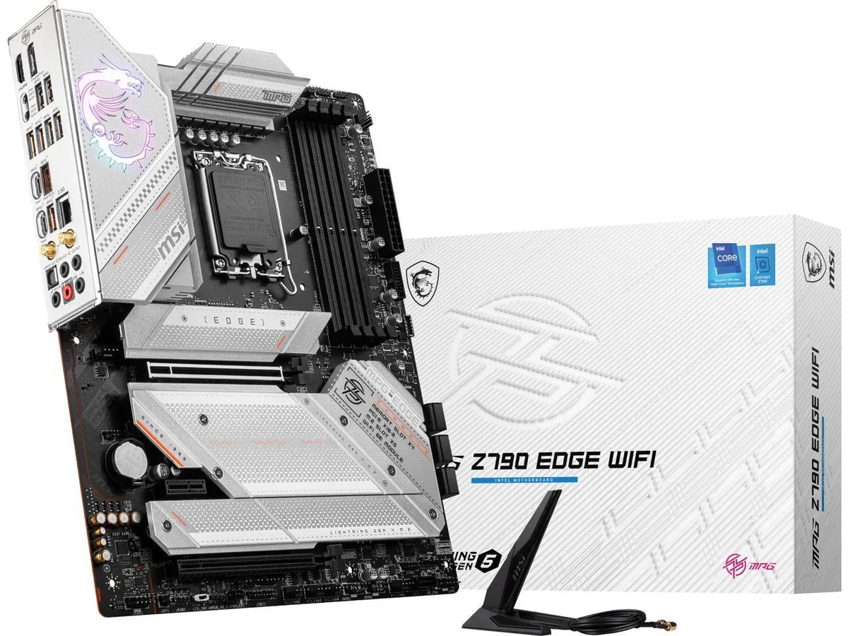 Black ATX motherboard with silver heatsinks and M.2 shields