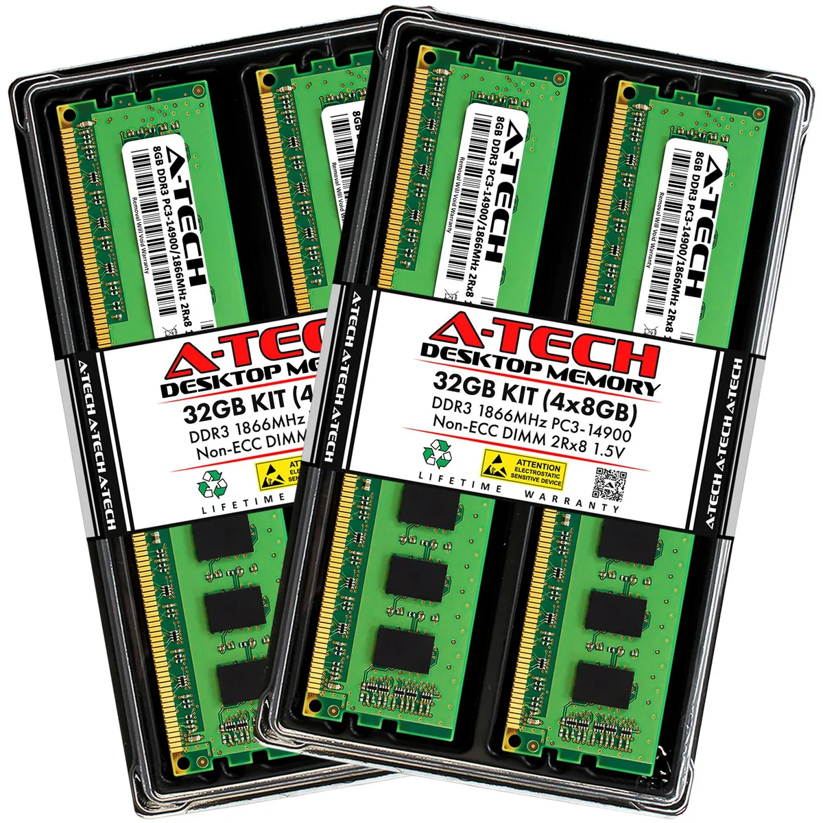 Four green DDR3 DIMM sticks, no heat spreaders, 240-pin gold contacts